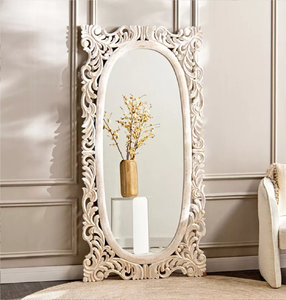 This majestic, <b>large</b> floor mirror presents an ornate, heavily carved vintage-style white <b>frame</b> available at wholesale prices. - Product Image 1