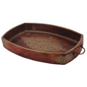 Plateau de service artisanal en bois de manguier avec incrustations en laiton marocain, plateau décoratif antique pour café, décoration de la maison, accessoires de cuisine - Product Image 1