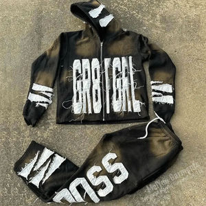 Ensemble de survêtement streetwear d'hiver délavé à l'acide, comprenant un sweat à capuche zippé et un pantalon de survêtement évasé avec patchs effet usé, 100% Coton - Product Image 1