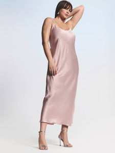 Women's Pink Silk Satin Sleeveless Nightgown Elegant <b>Knee</b> Length Smooth Sleepwear Summer Style - Product Image 4