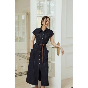 Vestido Camisero Maxi Casual de Maternidad Azul Marino con Bolsillos en el Pecho, Bolsillos Laterales y Cinturón Ajustable para Uso Diario de Verano [V637] - Product Image 2