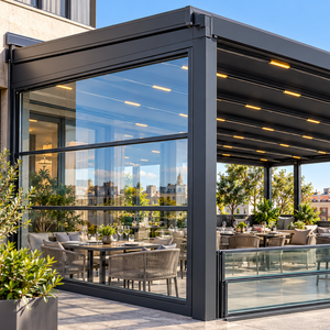 Pergola bioclimatique moderne WISE COMPANY en aluminium thermolaqué, respectueuse de l'environnement, avec toit motorisé et éclairage LED pour patios - Product Image 2