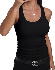 Women's Hip Hop Solid Scoop Neck Sleeveless Racerback Ribbed Knit Slim Fitted Tank <b>Top</b> - Product Image 1