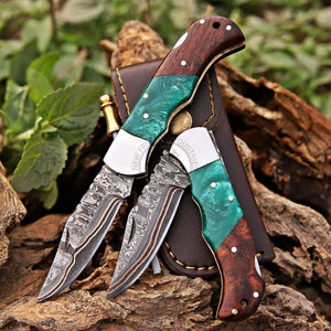 OEM Hand Forged Copper Damascus Steel Blade Survival Folding Utility Hunting Pocket Knife with Steel Bolster & Resin Wood Handle - Product Image 2