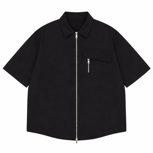 Chemise zippée à manches courtes pour homme, style utilitaire décontracté, streetwear, couleur noire unie, vente en gros OEM - Product Image 1