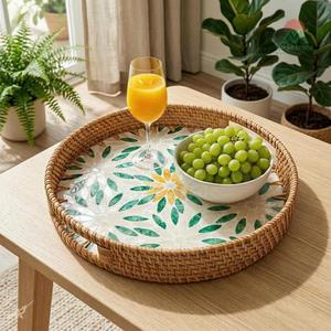 Nhat Minh Round RATTAN <b>Tray</b> With Handles Bohemian Design Tableware Storage <b>Basket</b> 1 Layer - Product Image 5