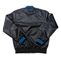 Blouson Bomber en Satin Personnalisé avec Logo OEM, Veste Universitaire Homme Style College, Col et Poignets Rayés Bleus, Léger, Vente en Gros