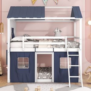 Elegante Letto a Castello in Legno Blu e Bianco con Finestre e Tenda per Bambini - Product Image 2