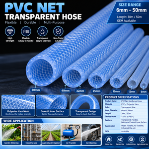 Enrouleur de tuyau d'arrosage flexible KARYON Premium 6-50mm x 50m en PVC transparent bleu teinté pour irrigation extérieure anti-UV -10°C à 60°C - Product Image 1