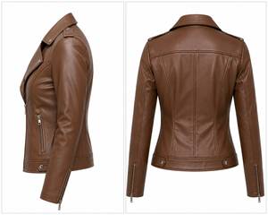 #   Veste en cuir marron pour femme, style motard ajusté, avec fermeture éclair aux poignets, manches longues, vêtement d'extérieur décontracté - Product Image 3