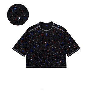 T-shirt personnalisé en strass, motif étoilé noir sur toute la surface, pour hommes, coupe oversize, 100% coton, surpiqûres contrastées, streetwear, OEM - Product Image 1