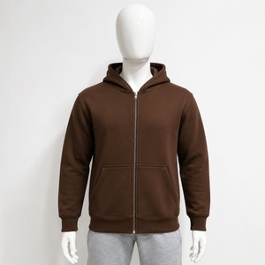 Sweat-shirt unisexe à capuche marron uni, fermeture éclair, en polaire polyester tricoté, coupe classique, manches longues, poche, tissu 260g, vêtement décontracté d'hiver - Product Image 1