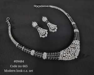 09484 Collar de rubí rosa de diseño con pendientes chapados en rodio, piedra de circonita cúbica, conjunto nupcial moderno de circonita cúbica, moda para bodas - Product Image 2