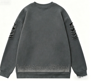 Sudadera Extra Grande Personalizada con Cuello Redondo, Diseño de Pedrería y Mangas Desgarradas, Estilo Casual Unisex, 100% Algodón Tejido - Product Image 2