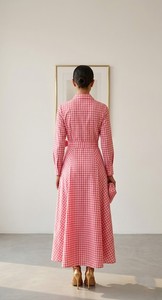 Vestido camisero largo a cuadros rosa para mujer, de manga larga, con cinturón, de algodón, corte en A. - Product Image 3