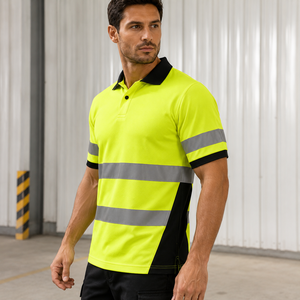 Polo de travail réfléchissant personnalisé, haute visibilité, jaune avec bordure noire, vêtements de sécurité avec placement du logo - Product Image 5
