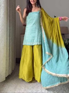 Élégant Salwar Kameez en soie turquoise et moutarde avec broderie, robe de mariée traditionnelle indienne et pakistanaise longue jusqu'au sol - Product Image 5