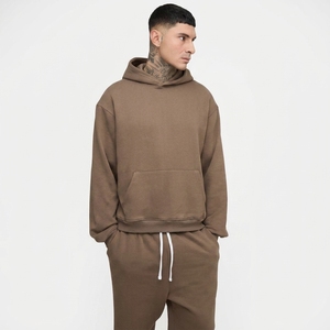 Survêtement marron à capuche pour homme, coupe ample en coton uni, avec poches latérales et cordon de serrage, idéal pour l'automne - Product Image 3