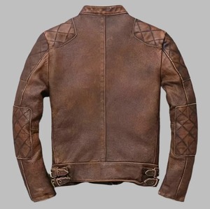 เสื้อแจ็คเก็ตหนังสีน้ำตาลสไตล์คาเฟ่เรเซอร์สำหรับผู้ชาย - Product Image 2