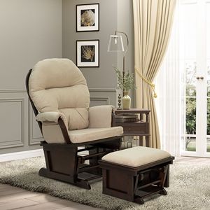 Cream White Nursery Glider <b>Rocking</b> <b>Chair</b> with Thick Padded <b>Cushion</b> Seating and Wood Base for Living Room - Product Image 2