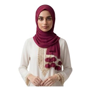 <b>Hijab</b> Scarf in Magenta with Pearl Floral Tassels Lightweight & Breathable, Crinkle Texture, Daily & Smooth Satin Finish - Product Image 1