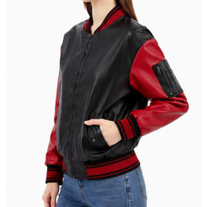<b>Women's</b> Black & Red Real Leather Varsity Bomber <b>Jacket</b> | Casual Zip-Up Baseball <b>Jacket</b> | OEM ODM Custom Wholesale - Product Image 5