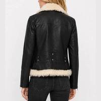 Veste en cuir noir pour femme, style moto, avec garniture en fourrure, fermeture éclair, style hiver