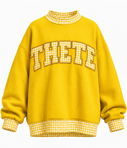 Sweat-shirt oversize à col montant pour femme, en tissu épais, avec patchwork personnalisé à carreaux vichy, style streetwear universitaire - Product Image 6