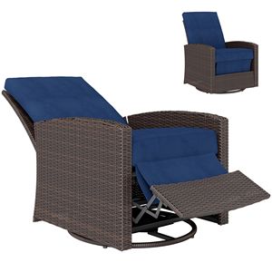 Sedia Reclinabile Girevole da Esterno in Vimini Resistente all'Acqua con Schienale e Poggiapiedi Rotanti a 360 Gradi e Cuscino Base - Product Image 1