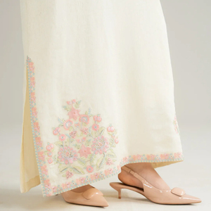 Elegant Cream Maxi <b>Dress</b> With Floral Embroidery Full Sleeve V-Neck Modest Style Handmade Cotton Gown - Product Image 5