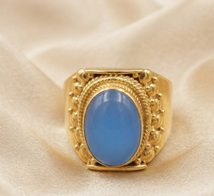 Anillo de Plata de Ley 925 con Calcedonia Azul, Anillo de Cóctel Ancho Hecho a Mano por Artesanos Vintage, Chapado en Oro Rosa, Regalo - Product Image 1
