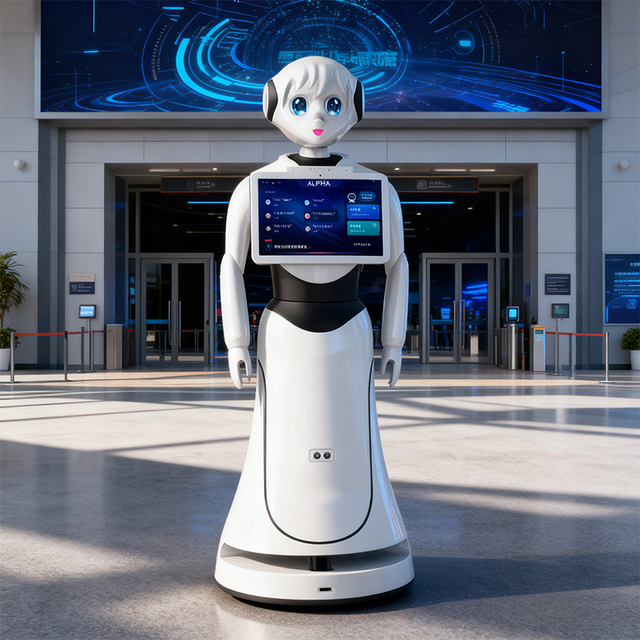 Commercial Grade AI Interactive Reception Robot 13.3" Touch Screen LiDAR Navigation App-Controlled for Office Lobby Bank Hall