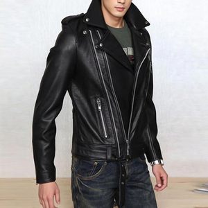 Blouson moto en similicuir d'agneau pour homme, manches longues, fermeture éclair, col montant, style automne, noir, imperméable, respirant, coupe-vent - Product Image 3