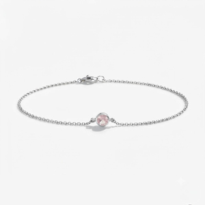 Pulsera de eslabones de plata de ley Rhodia Rhaya Jewels con cuarzo rosa de corte brillante y engaste de bisel, chapada en rodio, estilo clásico solitario - Product Image 1