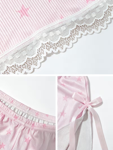 Pink Star Print Breathable Knitted Shorts with Lace Trim and Bow Detail High Waist Women's Sweet Style Casual - Product Image 4