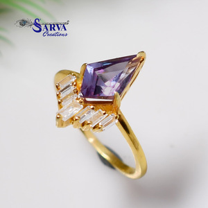 <b>Alexandrite</b> Kite Shape <b>Ring</b> 925 Sterling Silver Gold Plated Vintage <b>Engagement</b> Wedding <b>Ring</b> with Moissanite Accents - Product Image 3