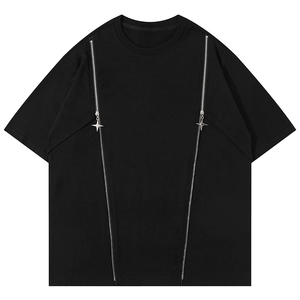 T-shirt noir surdimensionné à manches courtes pour hommes, T-shirt à fermeture éclair de haute qualité, style street moderne - Product Image 1