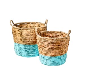 Panier rustique en jacinthe d'eau tressé à la main, panier de rangement polyvalent avec teinture bleue, organisateur naturel écologique fait main - Product Image 1