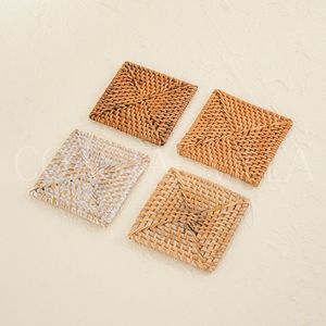 Premium Handwoven Rattan Coaster Set with Holder Natural <b>Square</b> Design for Dining Table Drink Coasters and Home Styling - Product Image 2