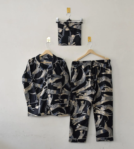 Conjunto de Pijama de Algodón Puro con Estampado Artesanal, Elegante y Lujoso, Hecho a Mano, con Estampado Tradicional de Guepardo, Ropa de Dormir para Mujer - Product Image 1