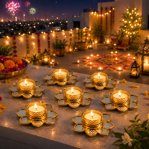 Golden Lotus Tealight Candle Holder | Metal Mirror Diya Holder for Diwali Decoration | Decorative <b>Tea</b> <b>Light</b> Stand for Home Decor - Product Image 4