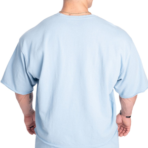 Camiseta de algodón lisa de manga corta con cuello redondo azul claro oversize para hombre, estilo casual de punto jersey teñido liso - Product Image 2