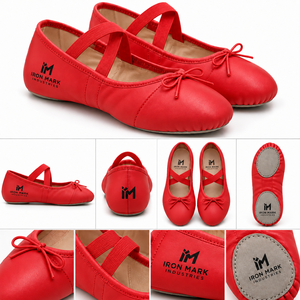 Zapatillas de Ballet Rojas de Cuero Genuino de Iron Mark Industries, Zapatos de Baile Suaves con Tiras Elásticas y Detalle de Lazo, Talla Personalizada para Niñas - Product Image 1
