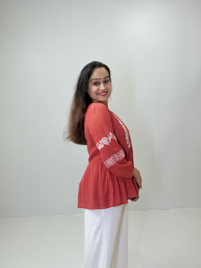 <b>Red</b> Viscose Embroidered Organza Peplum Top for Women V-neck Tassel Casual Ethnic Boho Summer <b>Blouse</b> Wholesale Wear - Product Image 5