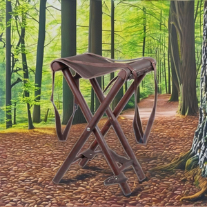 Silla Clásica de Acero Inoxidable con Asiento de Cuero, Trípode de Madera Maciza, Plegable, Estilo Rústico, Color Personalizado, para Interiores/Exteriores - Product Image 3