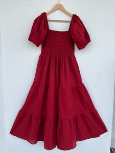 Women Burgundy Smocked Cotton Maxi Dress Square Neck Puff Sleeve Tiered Solid <b>Summer</b> Wholesale - Product Image 6