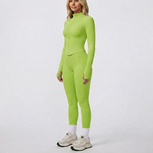 Ensemble de yoga pour femmes, haut de sport à manches longues avec fermeture éclair, leggings taille haute, vêtements de sport extensibles - Product Image 1