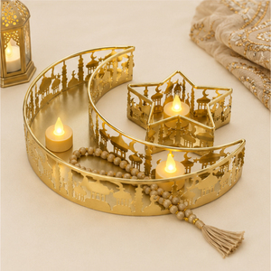 <b>Gold</b> Metal Ramadan <b>Tray</b> Set Moon Star Eid Mubarak <b>Serving</b> Platter Islamic Food Display Stand for Home Holiday Party Table Decor - Product Image 4