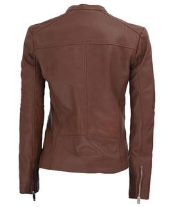 Veste en cuir de motard texturé pour femme avec fermeture éclair lisse doublure en polyester souple en peau de mouton véritable-pour l'hiver - Product Image 2