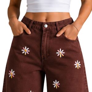Vaqueros anchos de mezclilla marrón chocolate para mujer con bordado floral, cintura alta, holgados, estilo casual urbano, OEM personalizado - Product Image 5